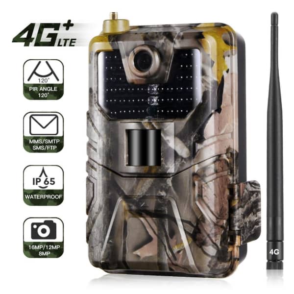 Caméra de chasse 4G avec boîtier camouflage, antenne 4G et capteur haute résolution