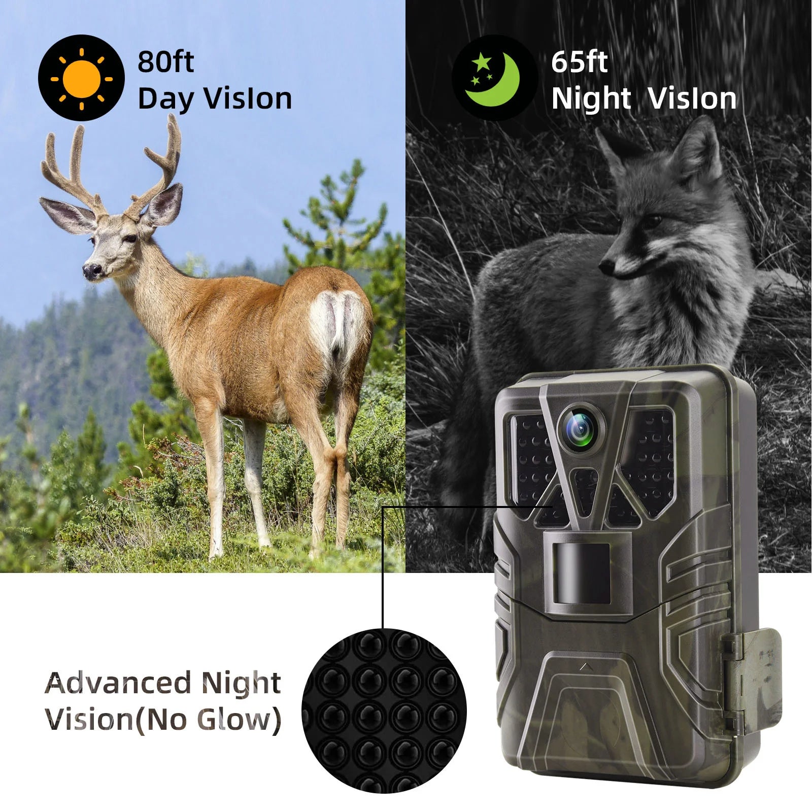 Caméra de chasse WiFi Bluetooth, 36MP HD, 4K et vision nocturne, no glow LED Infrarouge