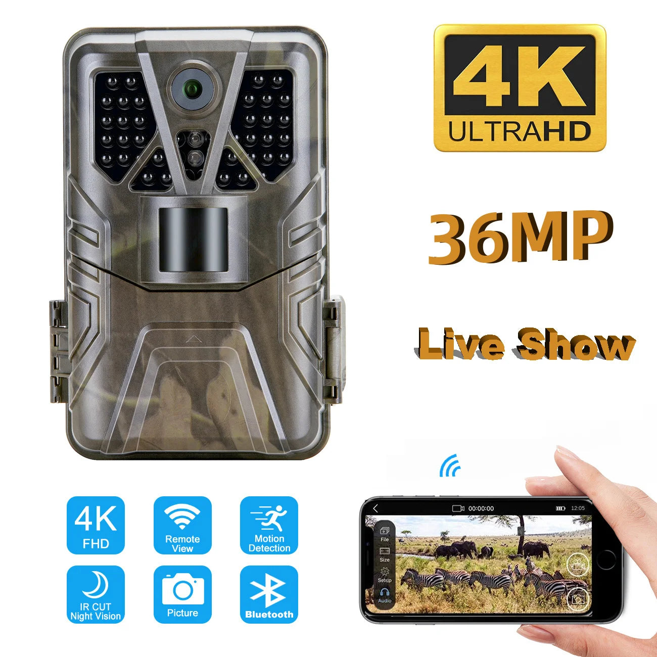Caméra de chasse WiFi Bluetooth, 36MP HD, 4K et vision nocturne, no glow LED Infrarouge