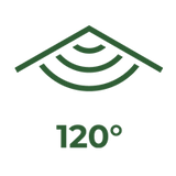 Illustration de l'angle de détection de 120° de la caméra de chasse Malonn, idéal pour capturer une large zone d'activité.